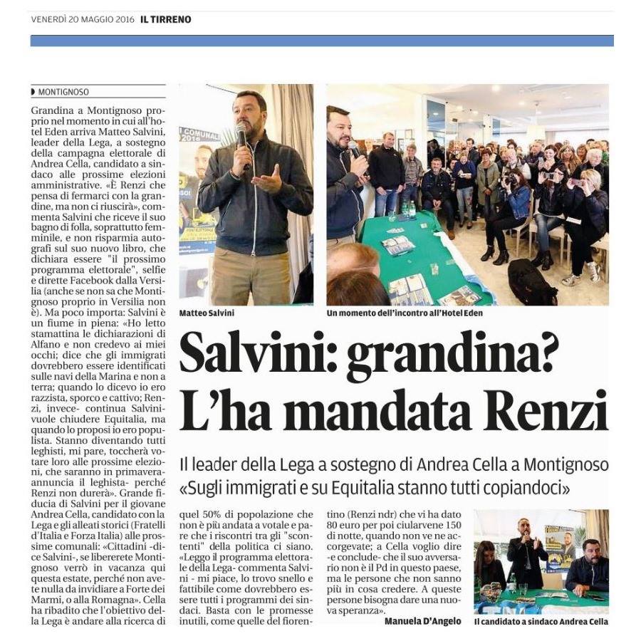 Articolo del Tirreno su Salvini Montignoso 19maggio