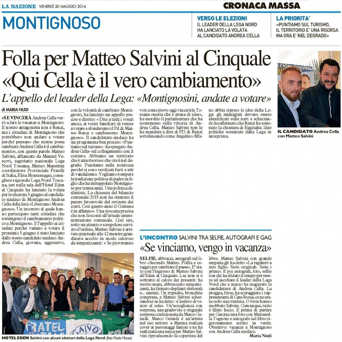 Articolo della Nazione su Salvini Montignoso 19maggio